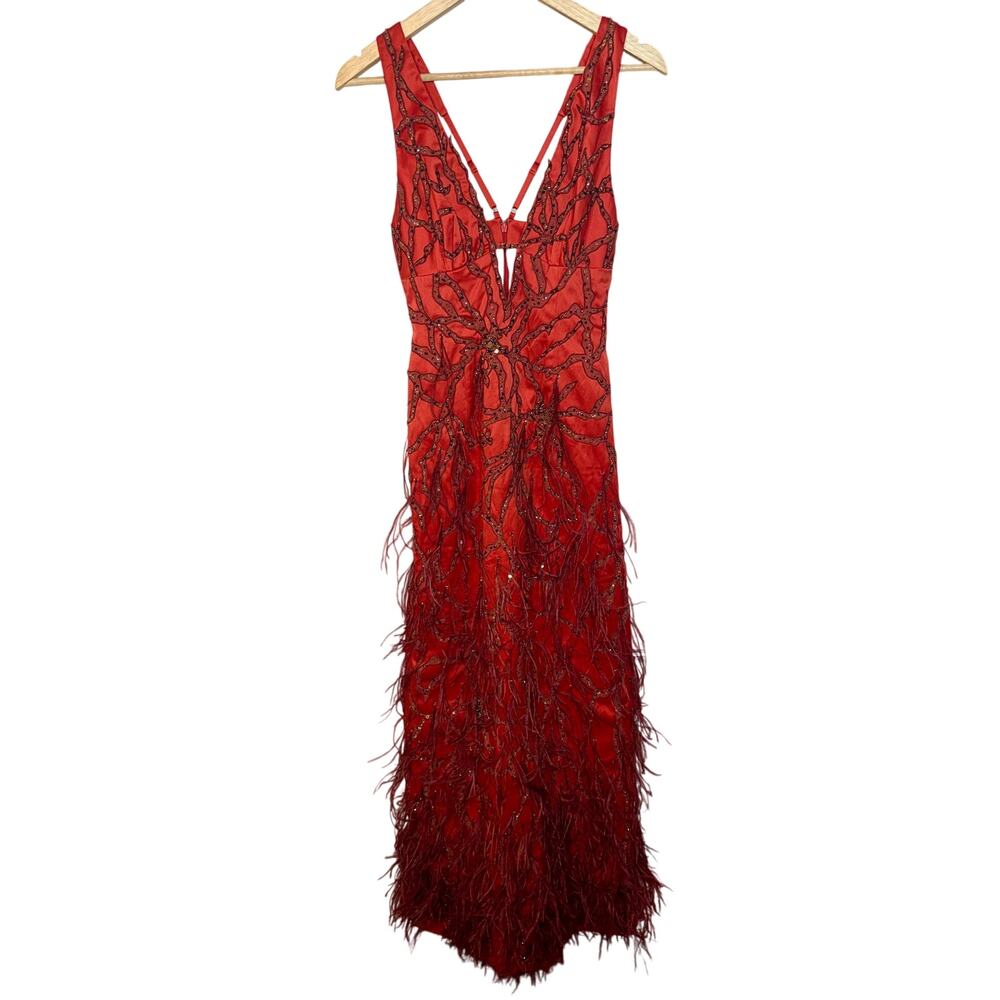 NWT Mandalay Kapok Red Beaded Feather Fringe Maxi Long Evening Gown Dress Size 4